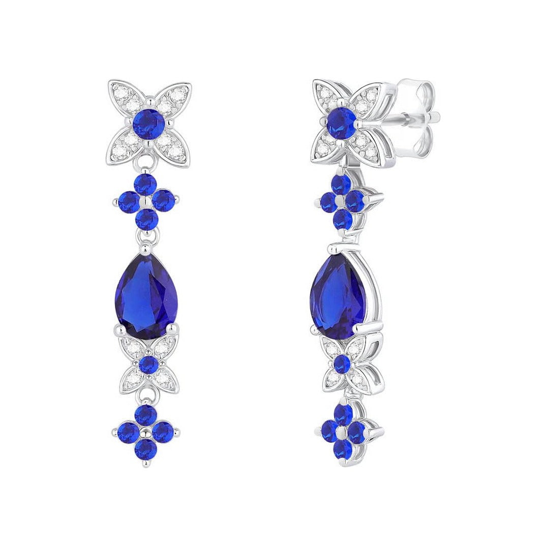 Pendientes largos de plata de ley 925 de 7x31 mm con circonitas azules tipo zafiro