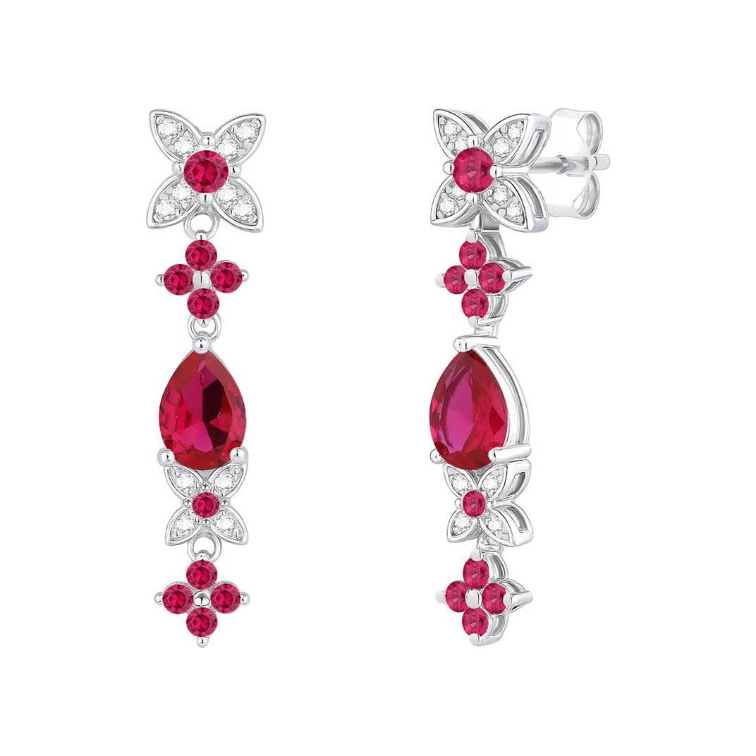 Pendientes largos de plata de ley 925 de 7x31 mm con circonitas rojas tipo rubí