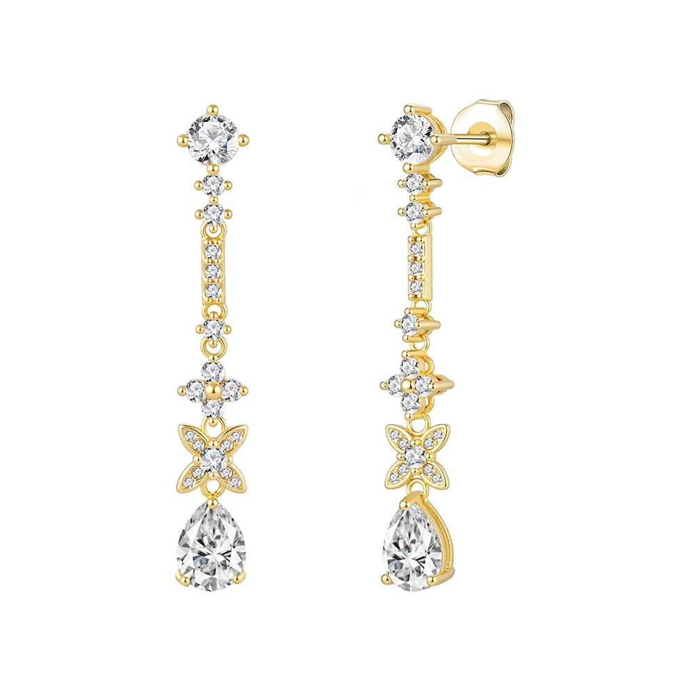 Pendientes largos de plata de ley 925 con baño de oro de 6x45 mm con circonitas y gota