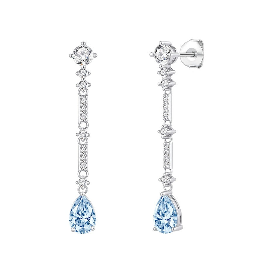 Pendientes largos de plata de ley 925 de 6x43 mm con línea de circonitas y gota aguamarina