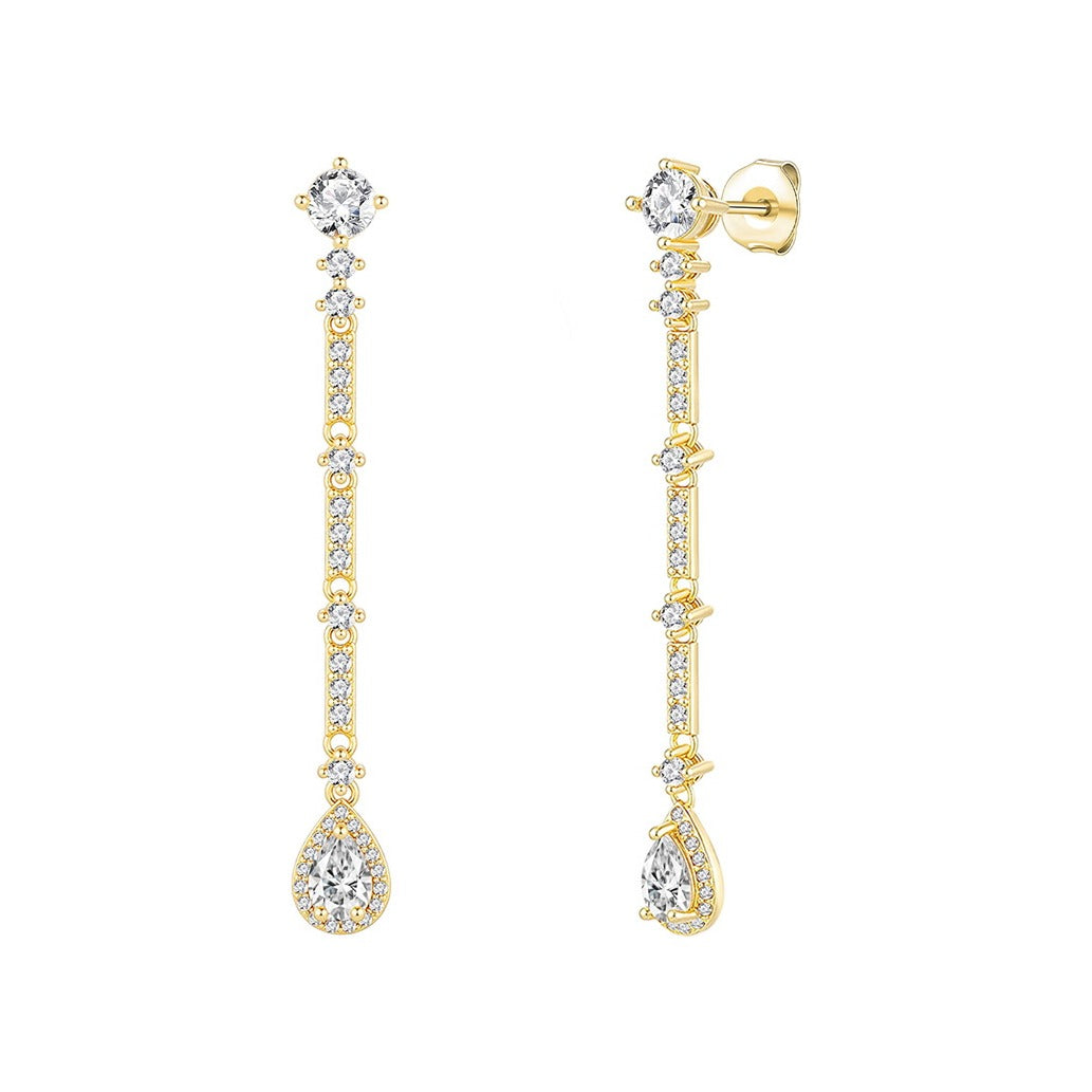 Pendientes largos de plata de ley 925 con baño de oro de 6x52 mm con circonitas