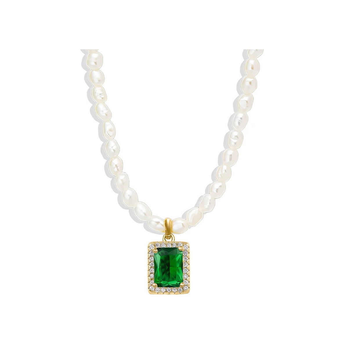 Gargantilla de perlas naturales con colgante de 8x10 mm en plata con baño de oro y circonita verde esmeralda
