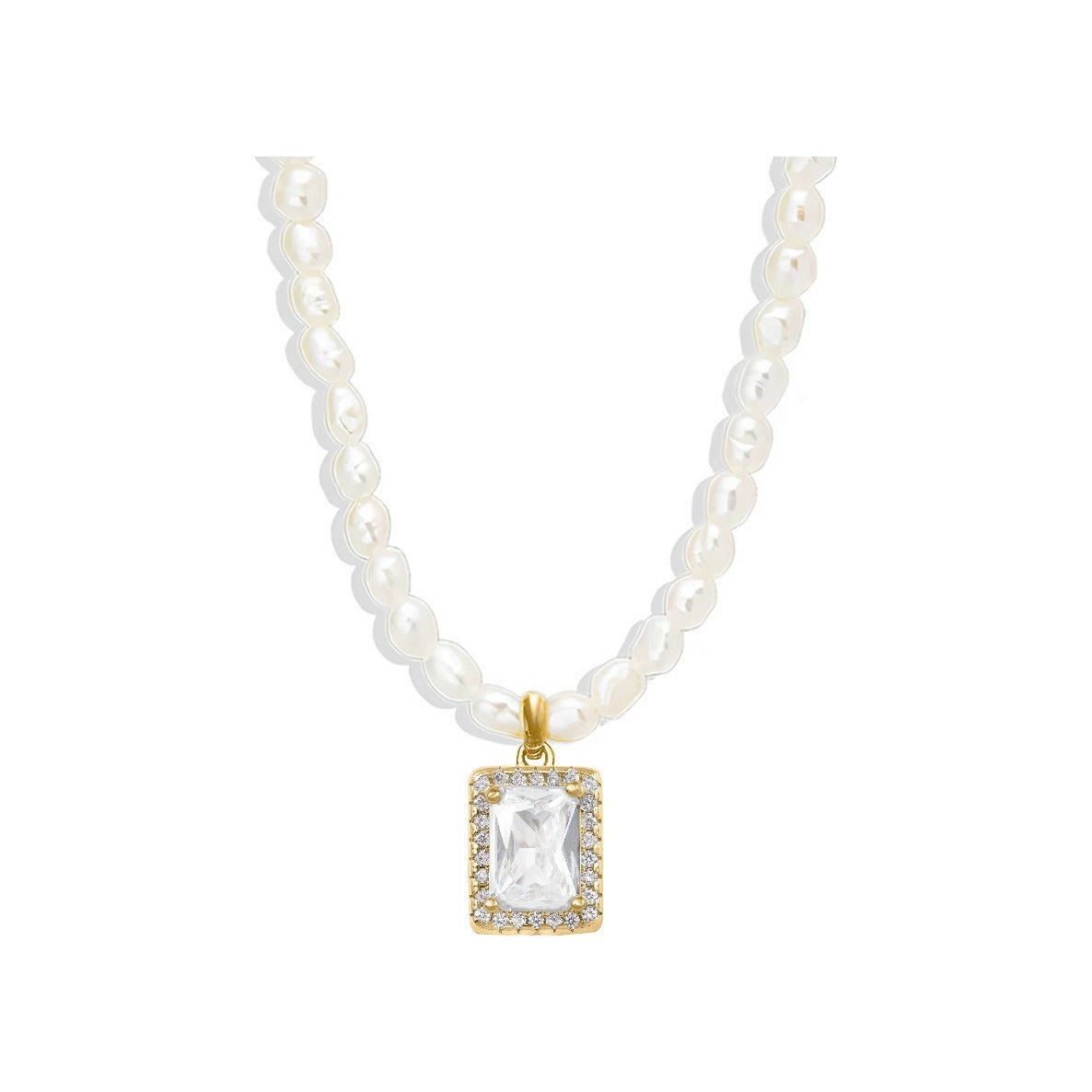 Gargantilla de perlas naturales con colgante de 8x10 mm en plata con baño de oro y circonita blanca