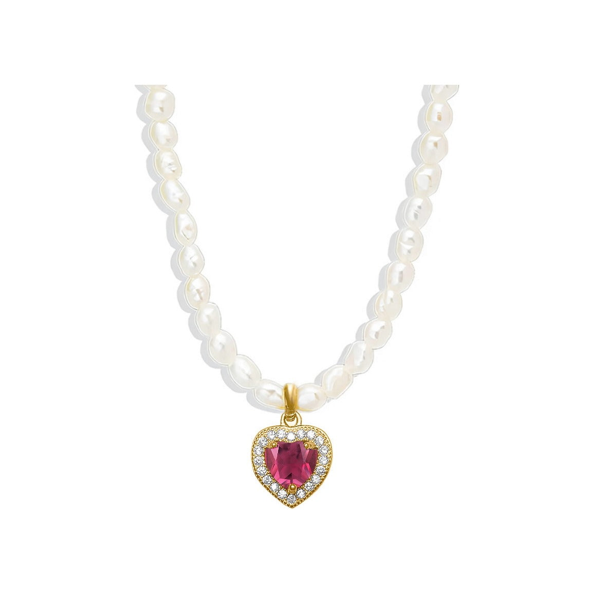 Gargantilla de perlas naturales con colgante corazón de 9 mm en plata con baño de oro y circonita rubí