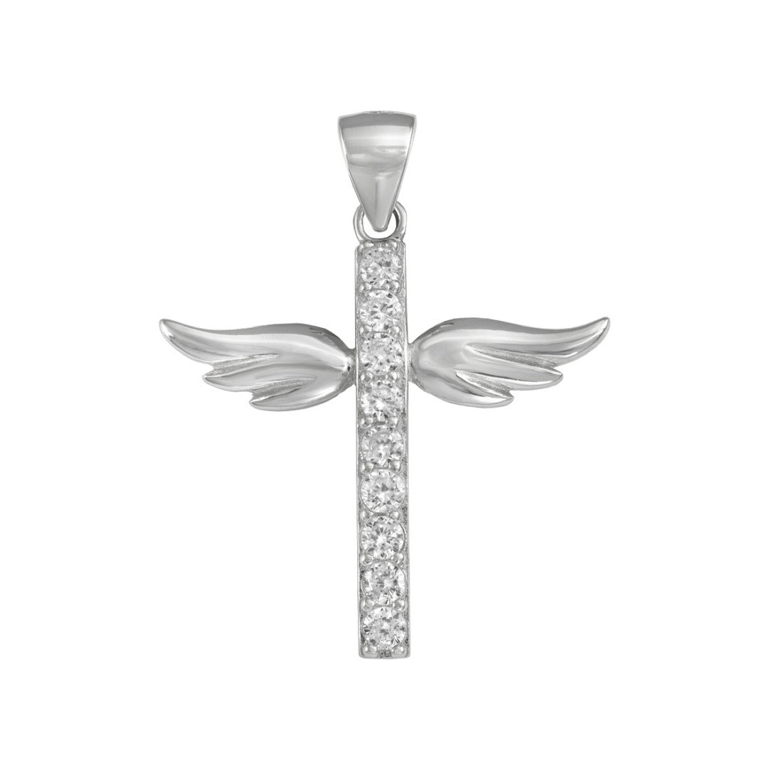 Colgante de cruz de plata de ley 925 de 21x24 mm con alas de ángel y circonitas
