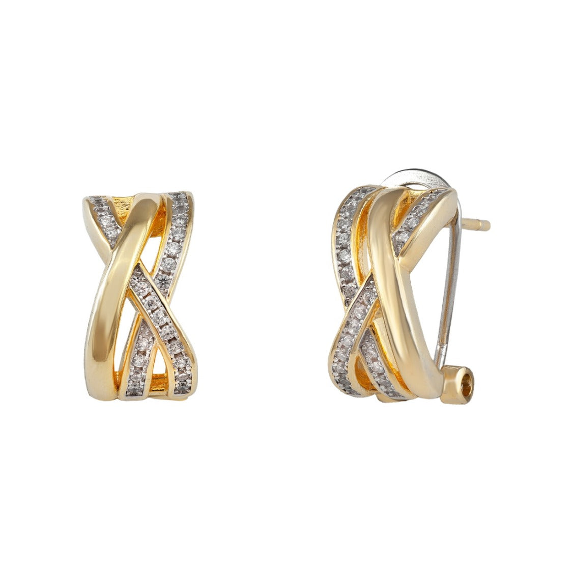 Pendientes de plata de ley 925 con baño de oro de 8x16 mm cruzados con circonitas