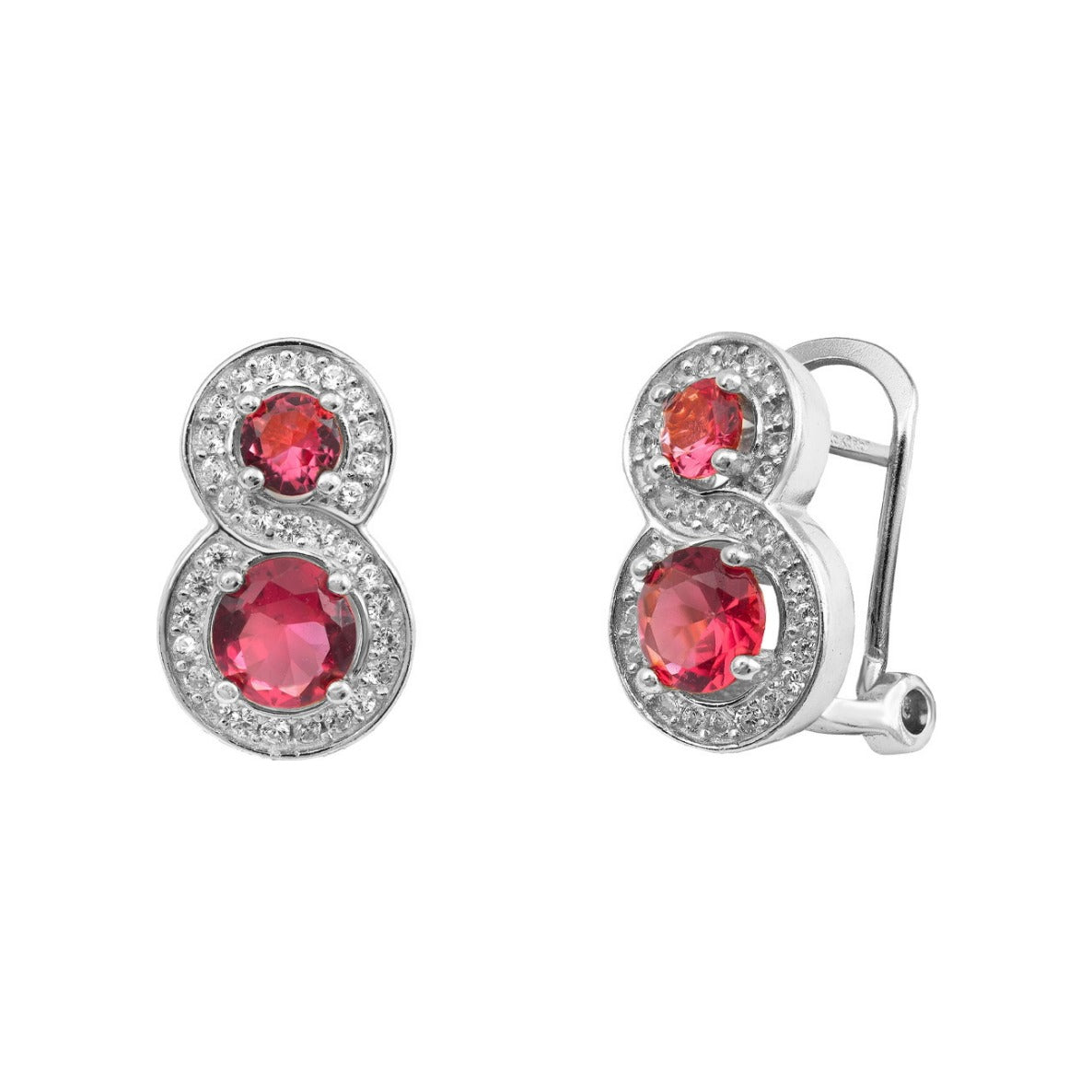 Pendientes de plata de ley 925 de 9x15 mm con dos circonitas rojas tipo rubí y orla