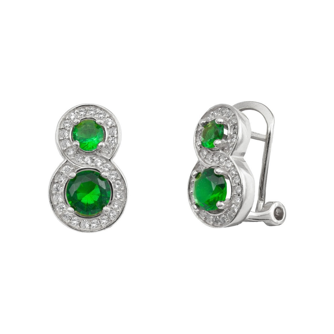 Pendientes de plata de ley 925 de 9x15 mm con dos circonitas verdes tipo esmeralda y orla