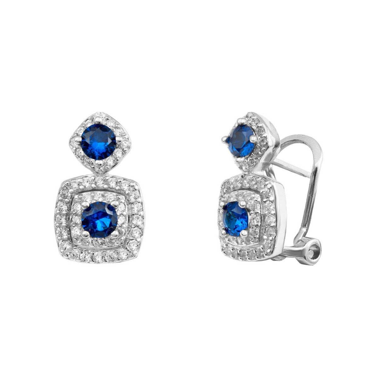 Pendientes de plata de ley 925 de 9x16 mm con circonitas azules tipo zafiro y orla