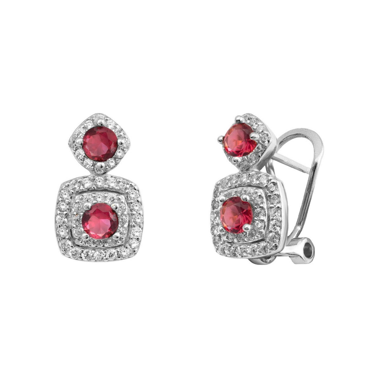 Pendientes de plata de ley 925 de 9x16 mm con circonitas rojas tipo rubí y orla