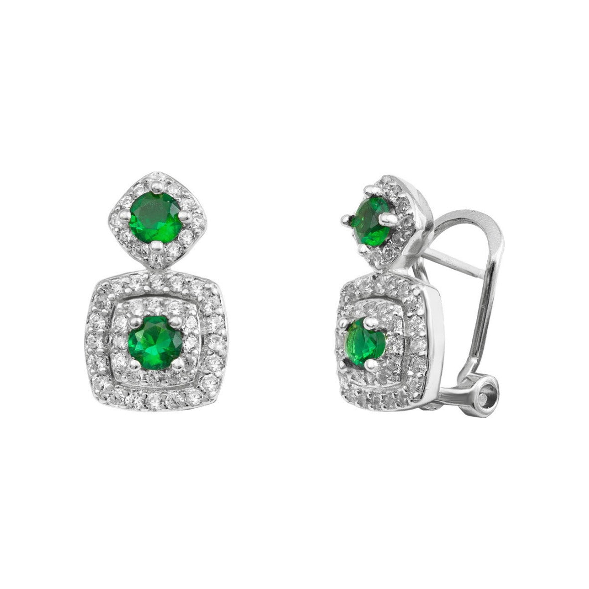 Pendientes de plata de ley 925 de 9x16 mm con circonitas verdes tipo esmeralda y orla