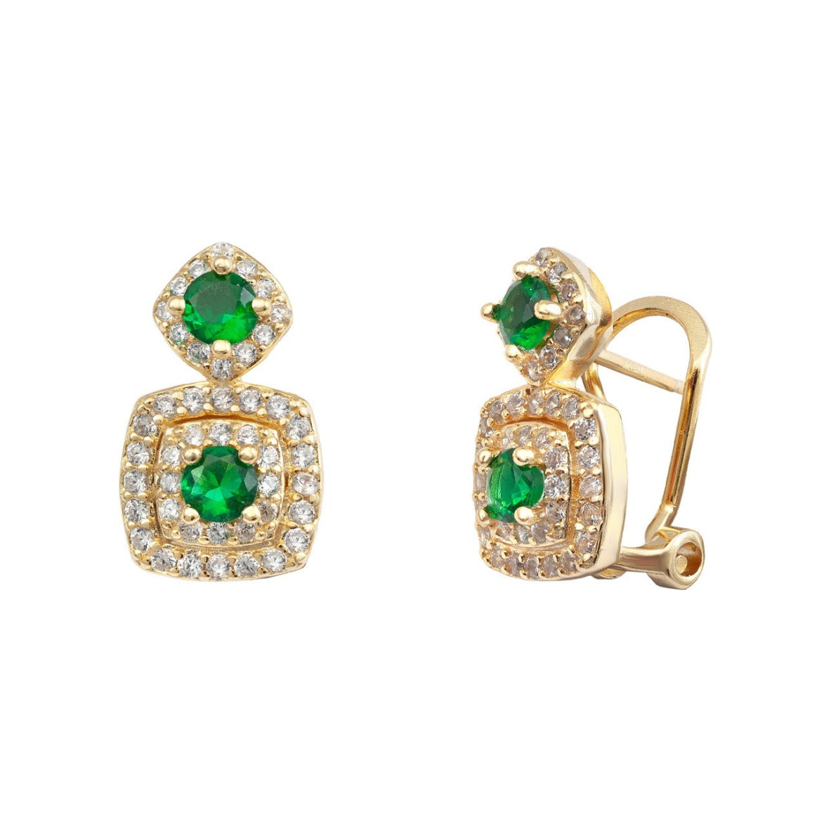 Pendientes de plata de ley 925 con baño de oro de 9x16 mm con circonitas verdes tipo esmeralda
