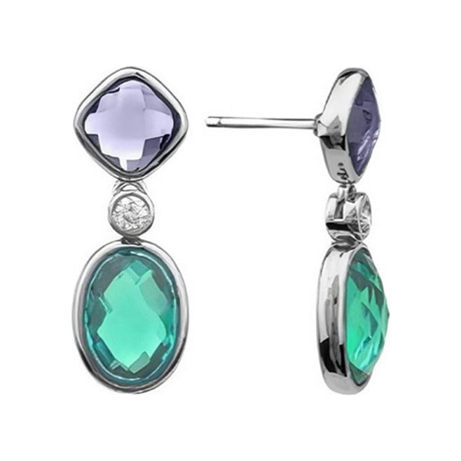Pendientes largos de plata de ley 925 de 9x25 mm con circonitas amatista y turquesa