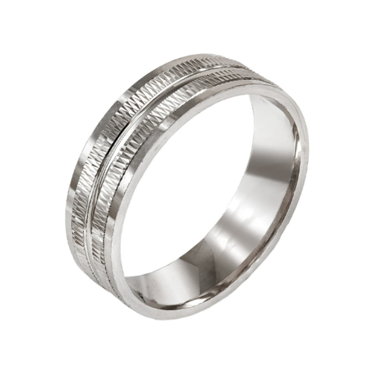 Alianza de plata de ley 6 mm plana con friso tallado, lleva un friso central tallado a rayas que le da mucho relieve, entre dos cantos pulidos