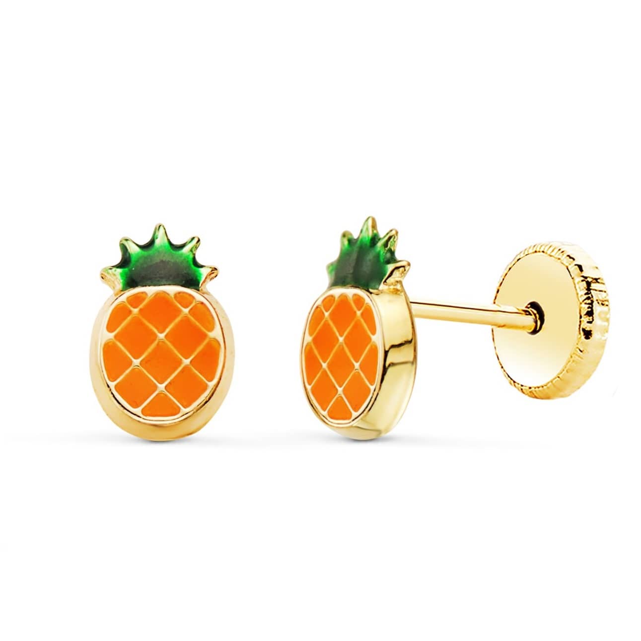 Par de pendientes de oro de ley 18k con esmalte en forma de piña