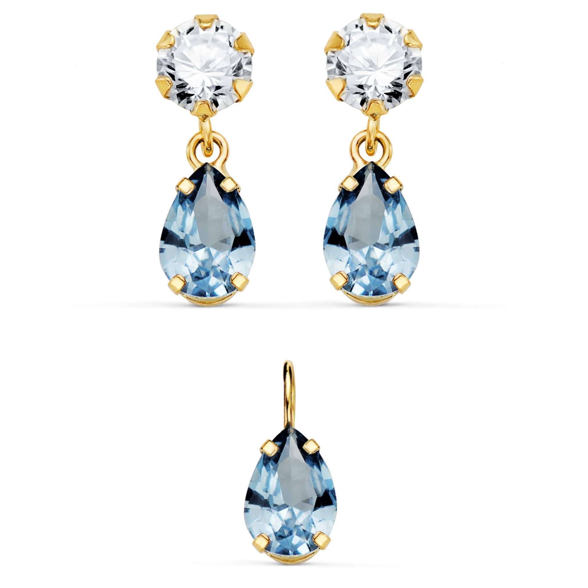 Conjunto de oro 18k con circonita y circonita azul en forma de lágrima