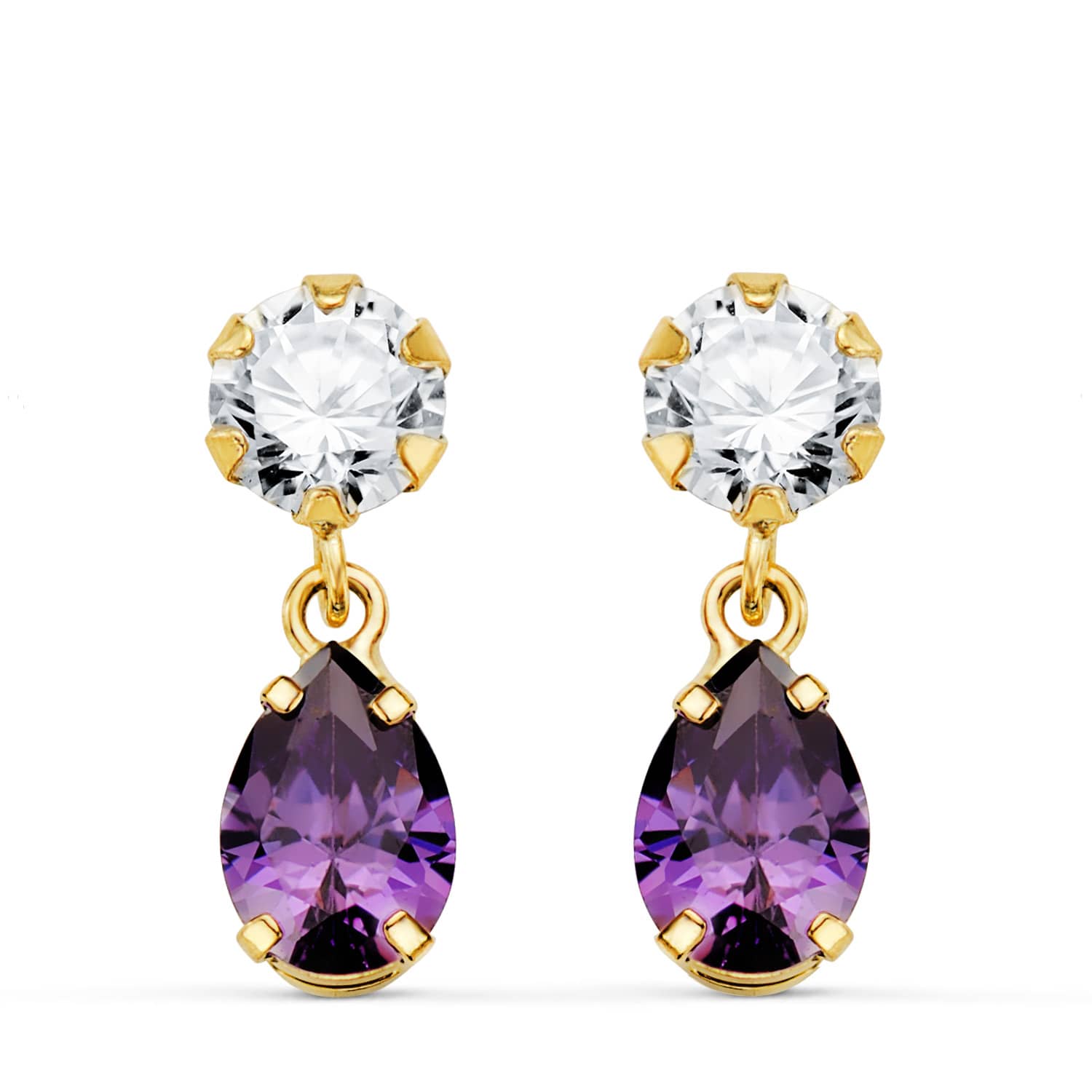 Pendientes de oro 18k con circonita y circonita violeta en forma de lágrima