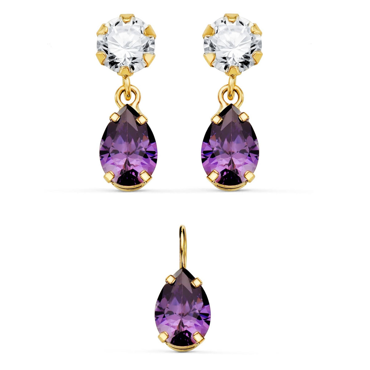 Pendientes y colgante de oro 18k con circonita y circonita violeta en forma de lágrima