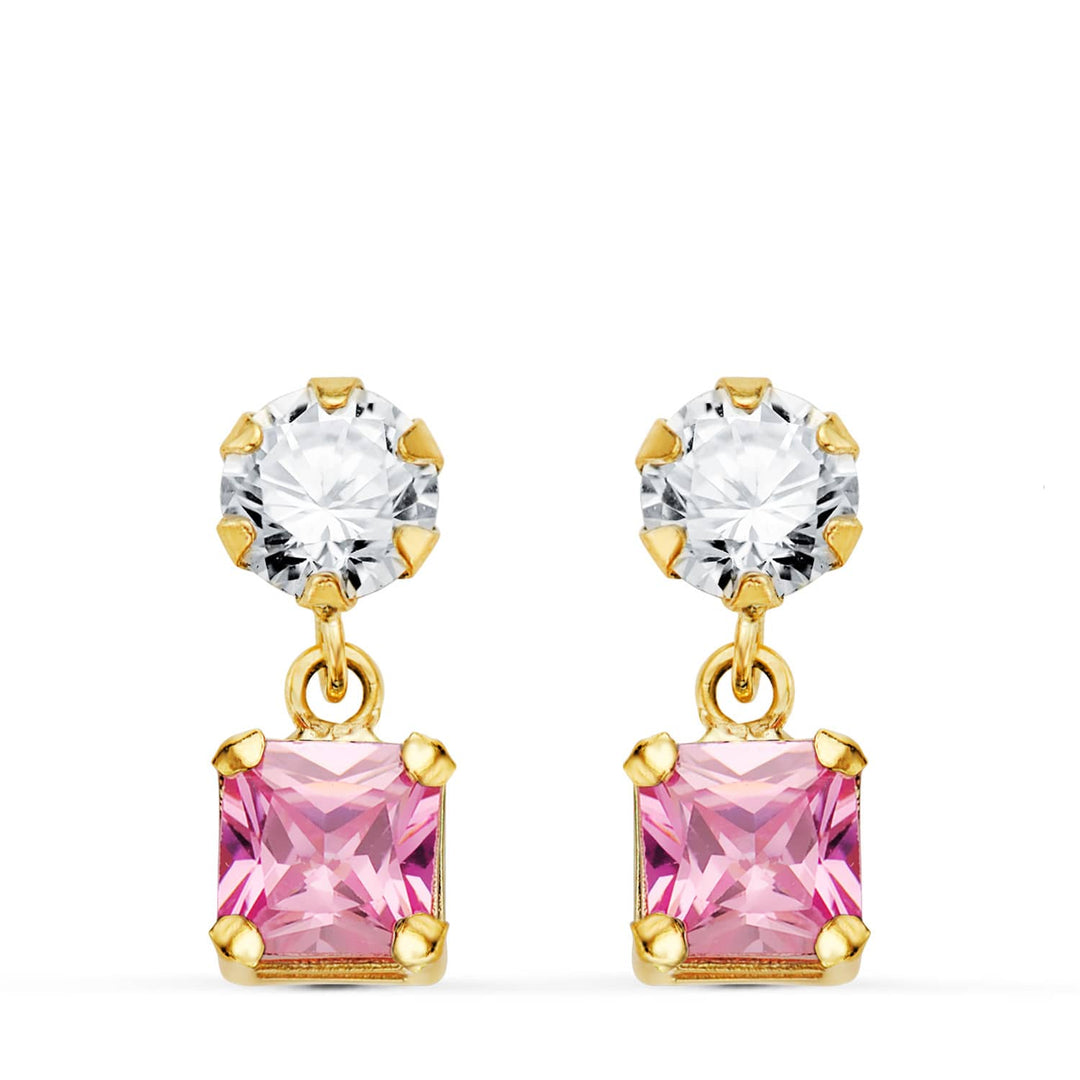 Pendientes de oro 18k con circonita y circonita rosa en forma de cuadrado