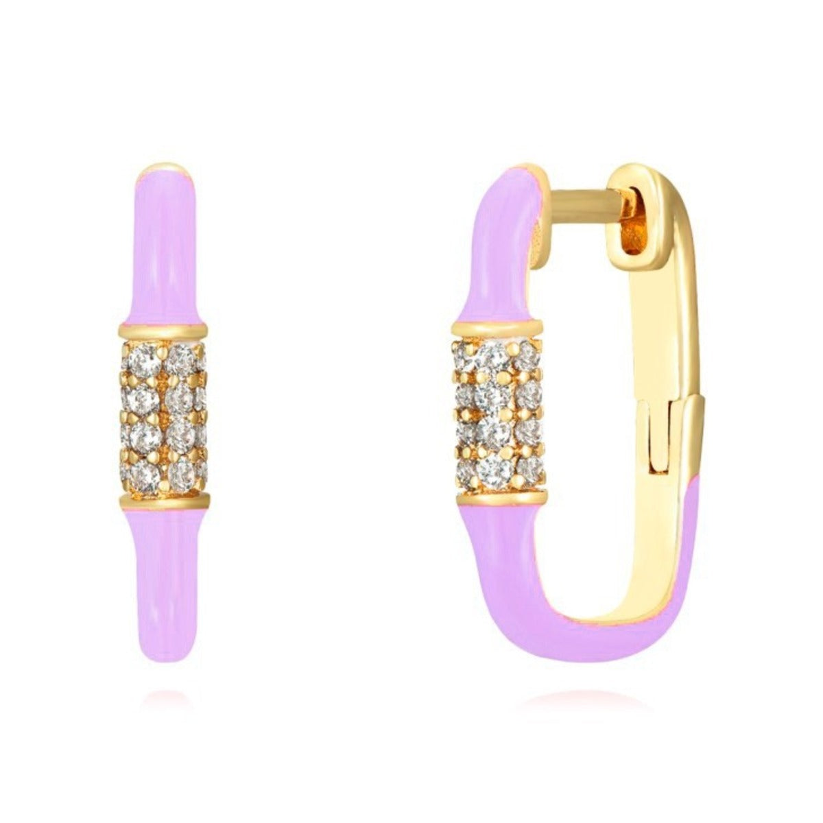 Pendientes de aro rectangular con esmalte lila en plata chapada en oro, 6x12 mm
