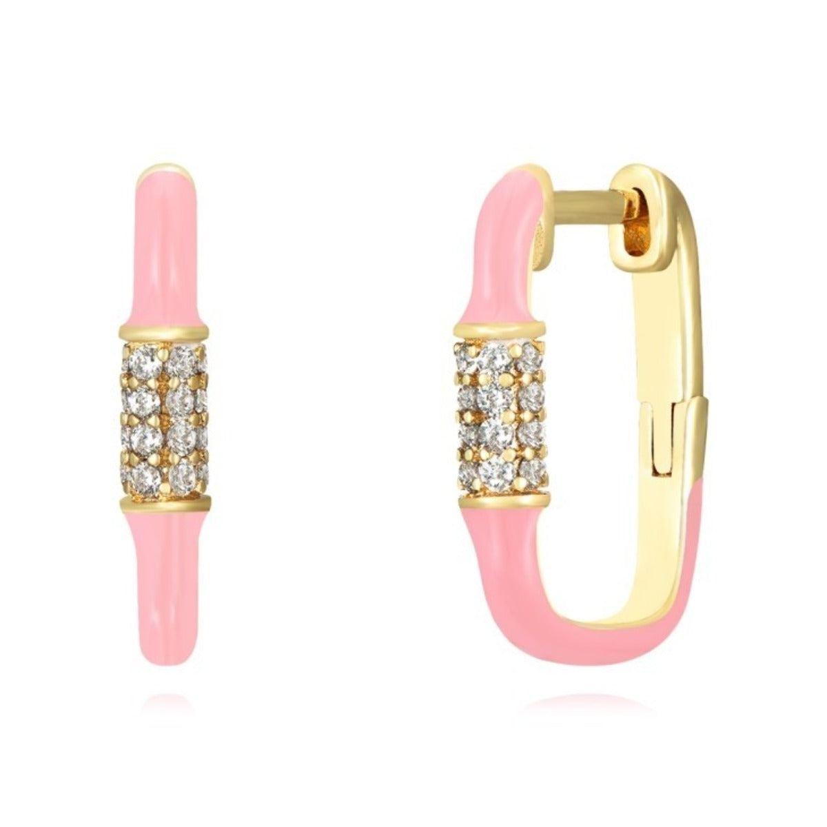 Pendientes de plata chapada en oro con aro rectangular y esmalte rosa, 6x12 mm