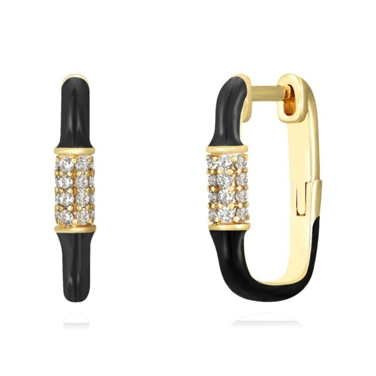 Pendientes de aro rectangular en plata chapada en oro con esmalte negro, 6x12 mm