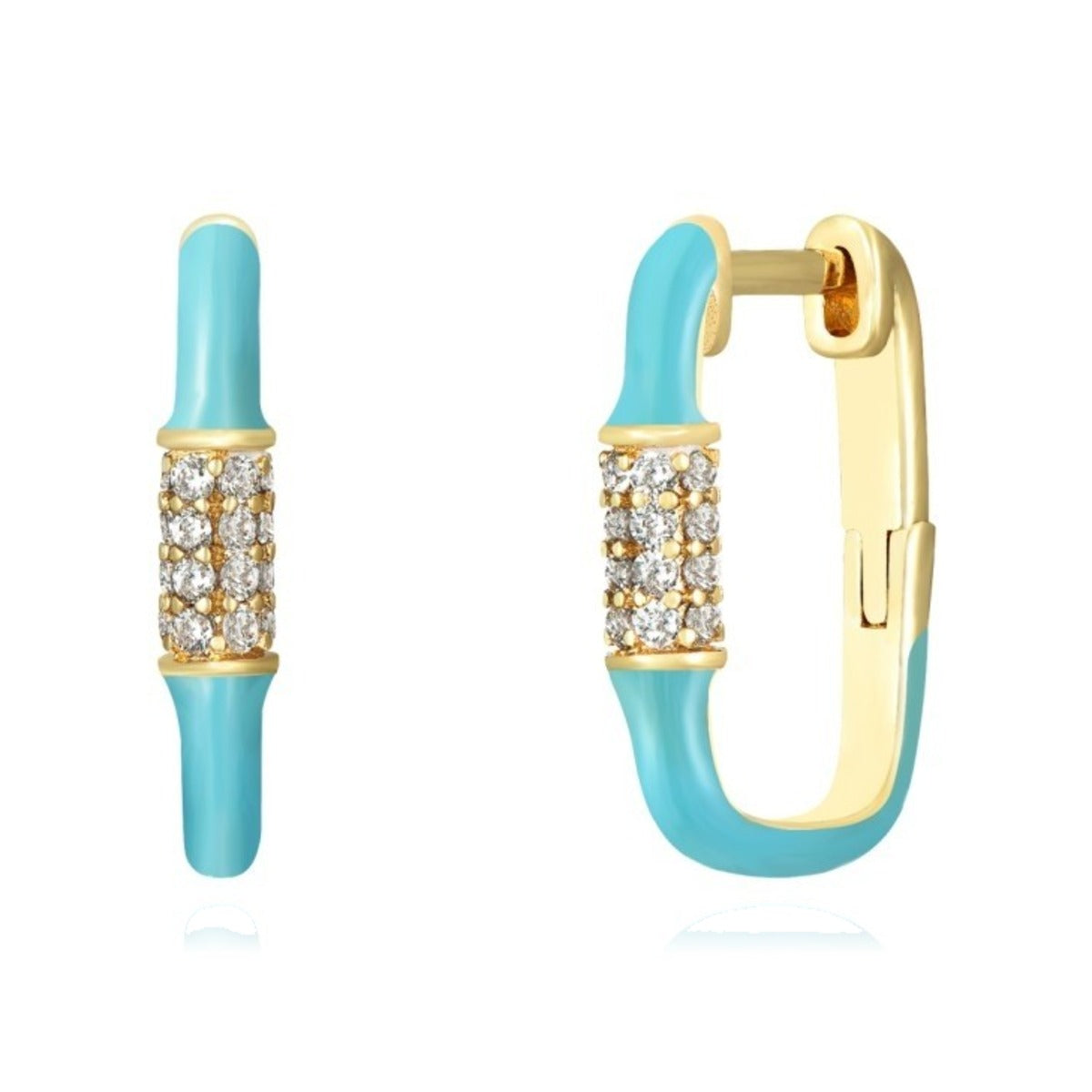 Pendientes aro rectangular esmalte turquesa de plata chapada en oro, 6x12 mm