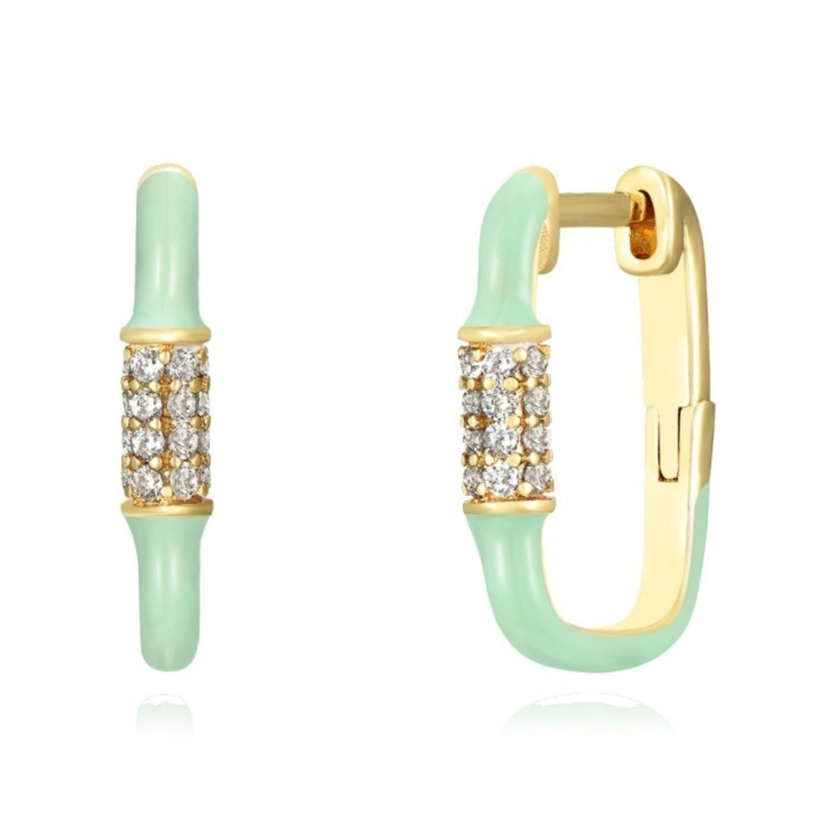Pendientes de plata chapada en oro, aro rectangular con esmalte verde, 6x12 mm