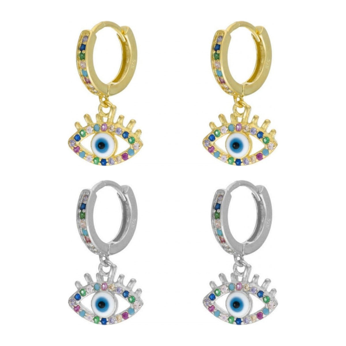 Pendientes de aro de plata de ley con ojo turco de circonitas, aro de 11 mm de diámetro y ojo de 10x6 mm
