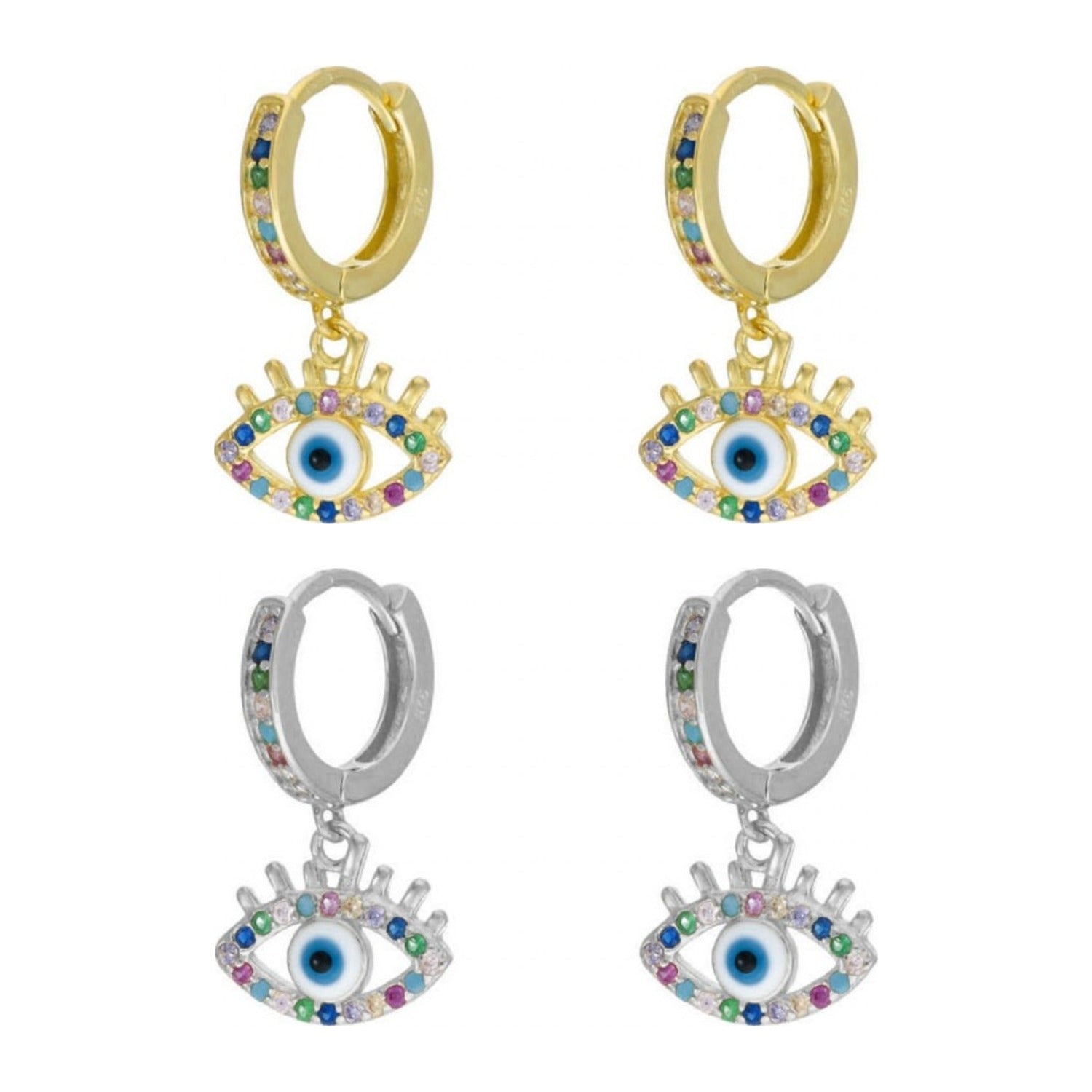 Pendientes de aro de plata de ley con ojo turco de circonitas, aro de 11 mm de diámetro y ojo de 10x6 mm