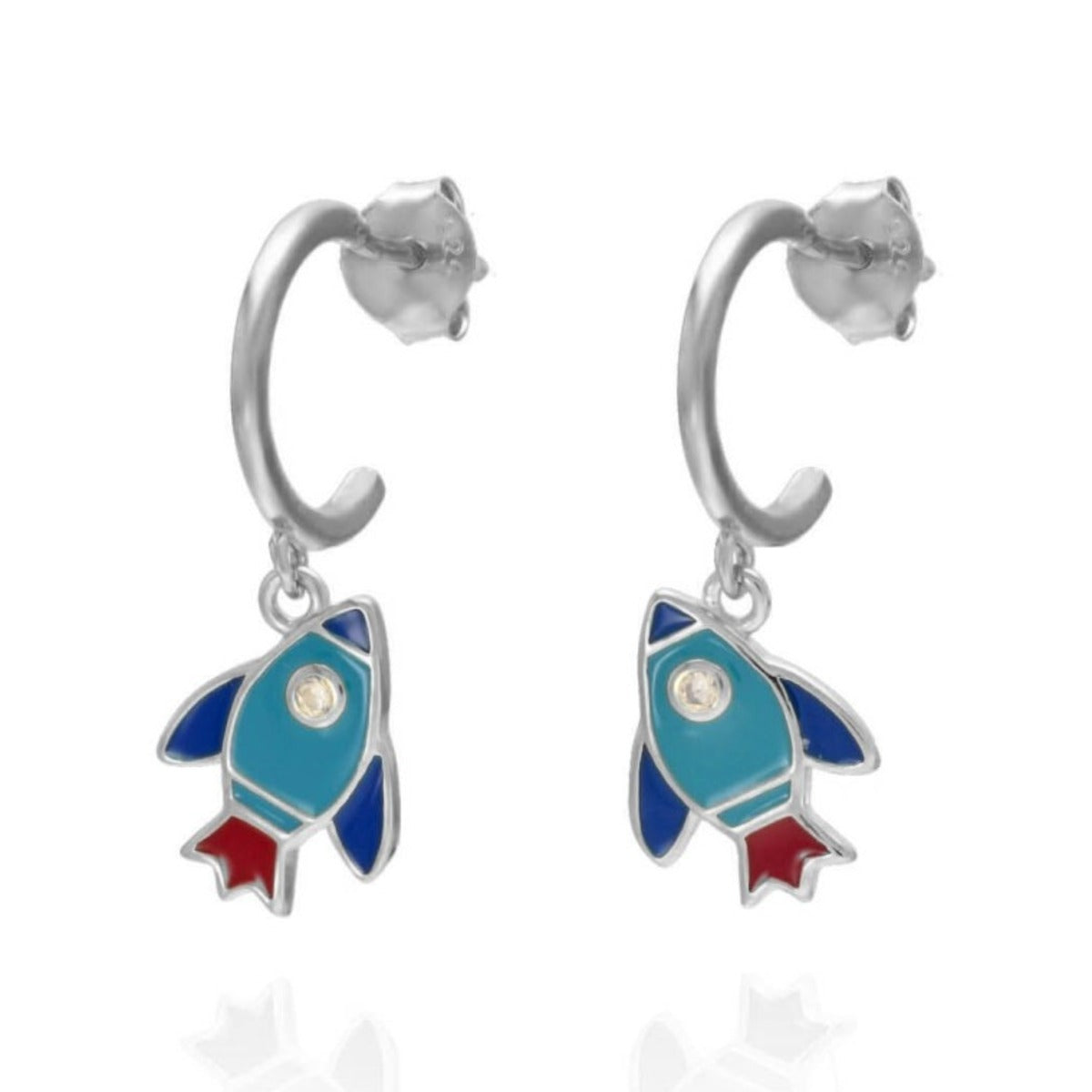 Pendientes de aro de plata de ley con cohete de esmalte, aro de 11 mm de diámetro y cohete de 11x8 mm