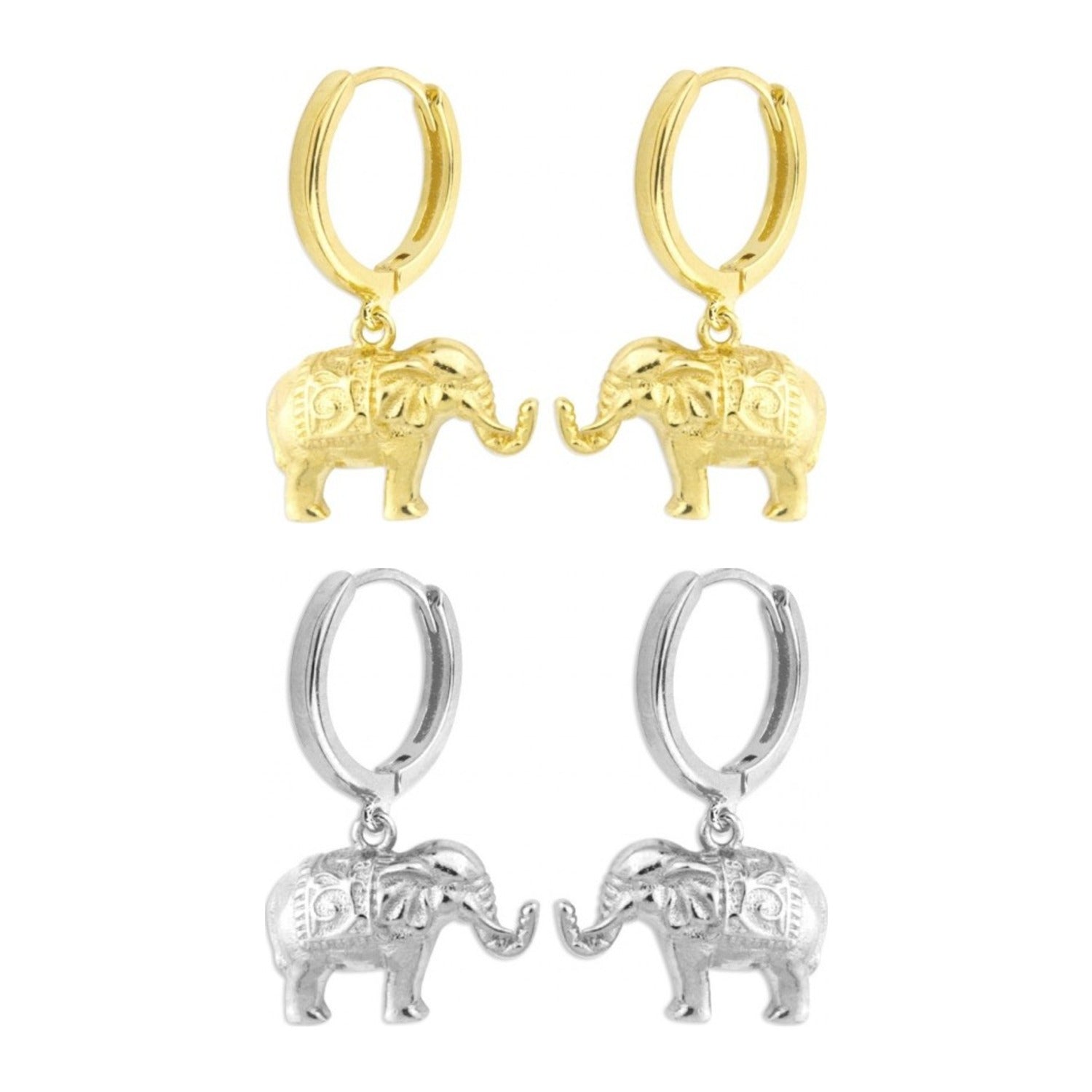 Pendientes de aro de plata de ley con elefante colgante, aro de 11 mm de diámetro y elefante de 8x10 mm