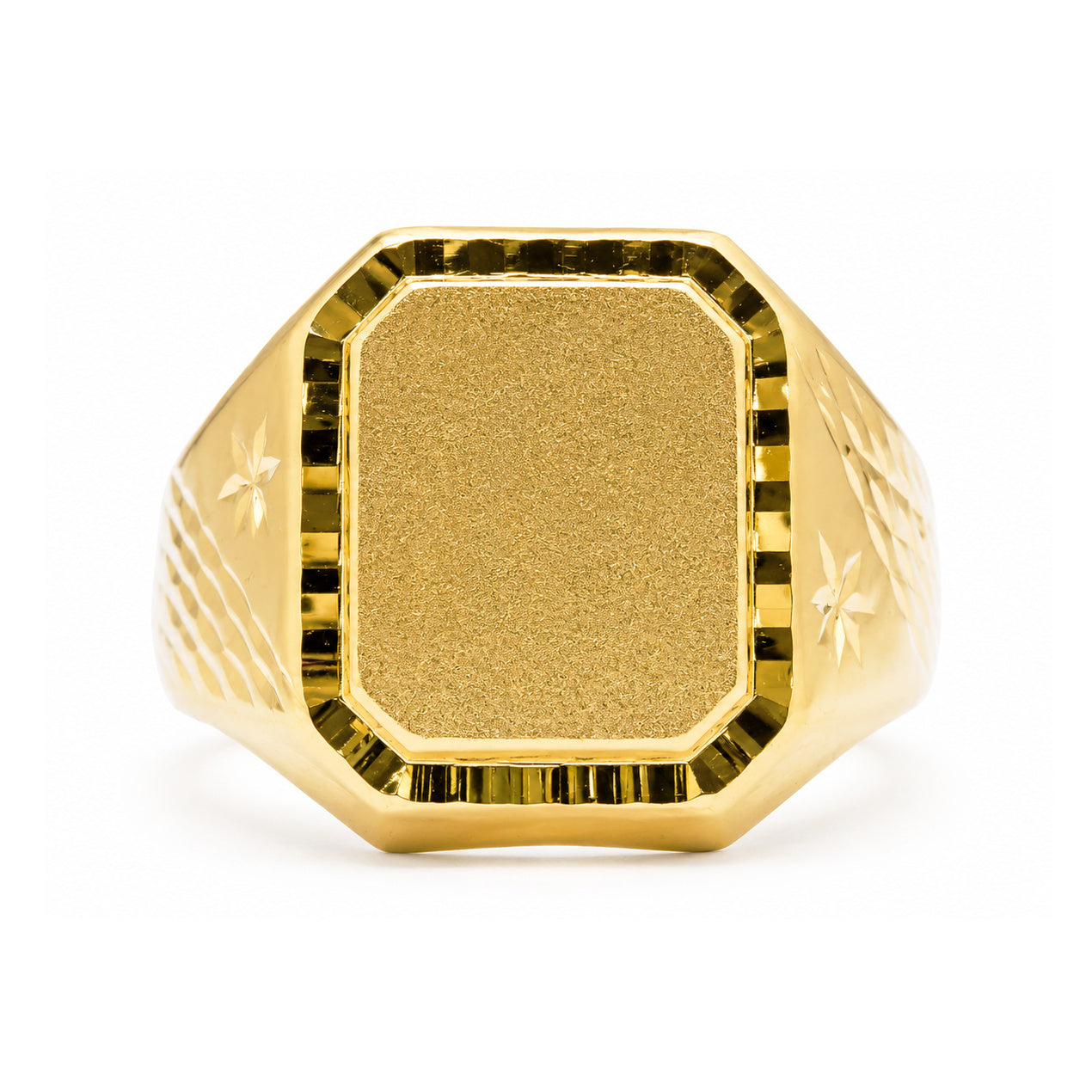 Sello oro 18k caballero con cantos biselados: vista de la cabeza y el diseño del anillo