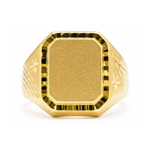 Sello oro 18k caballero con cantos biselados: vista de la cabeza y el diseño del anillo
