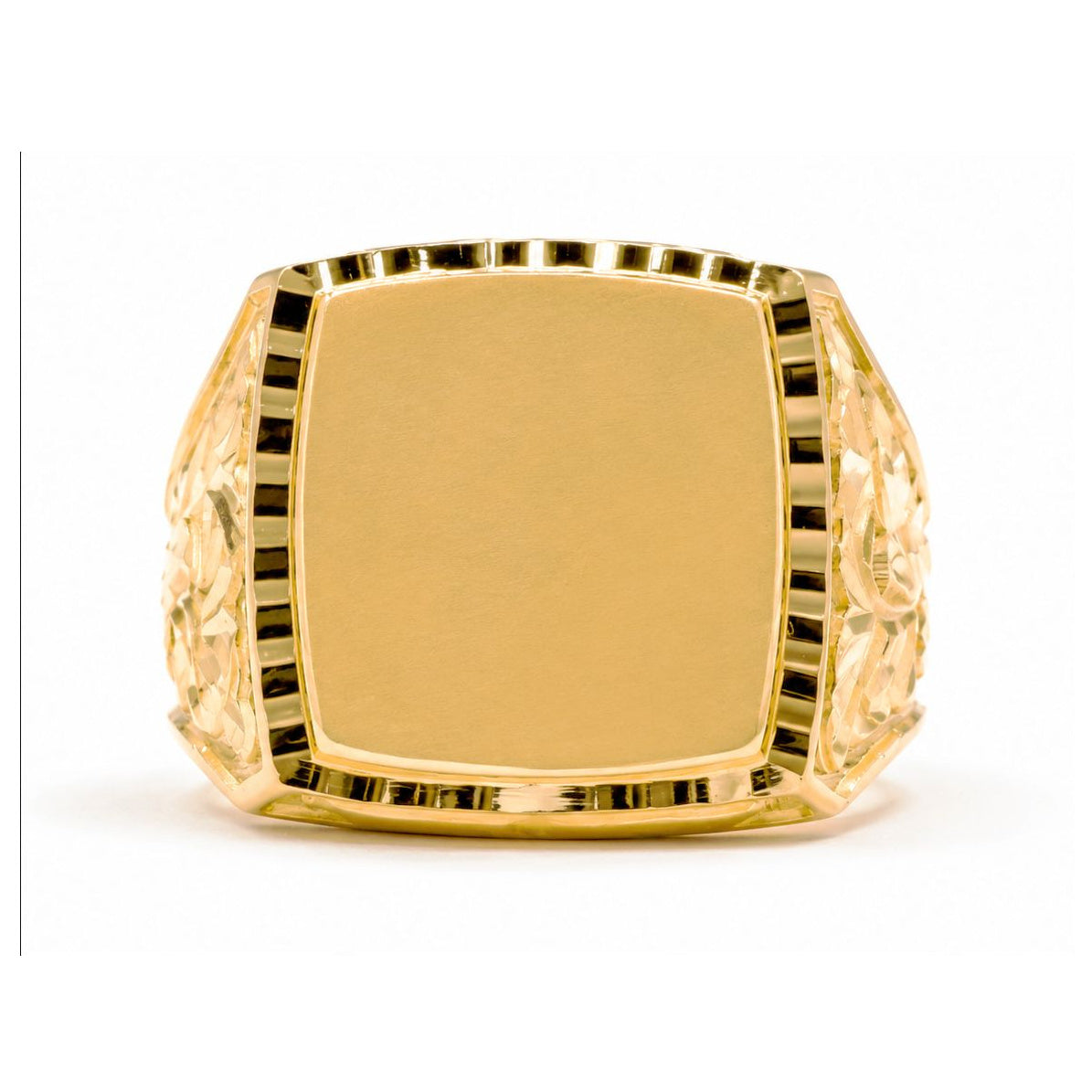 Sello macizo de oro 18k cuadrado con cerco tallado: vista de la cabeza y el diseño del anillo