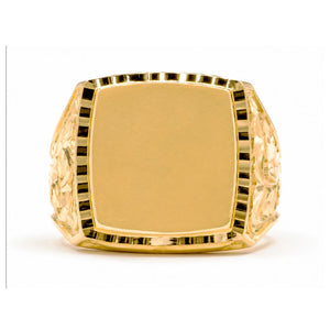 Sello macizo de oro 18k cuadrado con cerco tallado: vista de la cabeza y el diseño del anillo