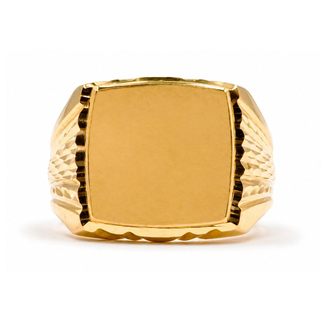 Sello cuadrado macizo oro 18k tallado radial: vista de la cabeza y el diseño del anillo