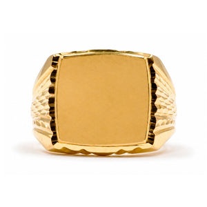 Sello cuadrado macizo oro 18k tallado radial: vista de la cabeza y el diseño del anillo