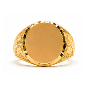 Sello oro 18k macizo oval con círculos: vista de la cabeza y el diseño del anillo