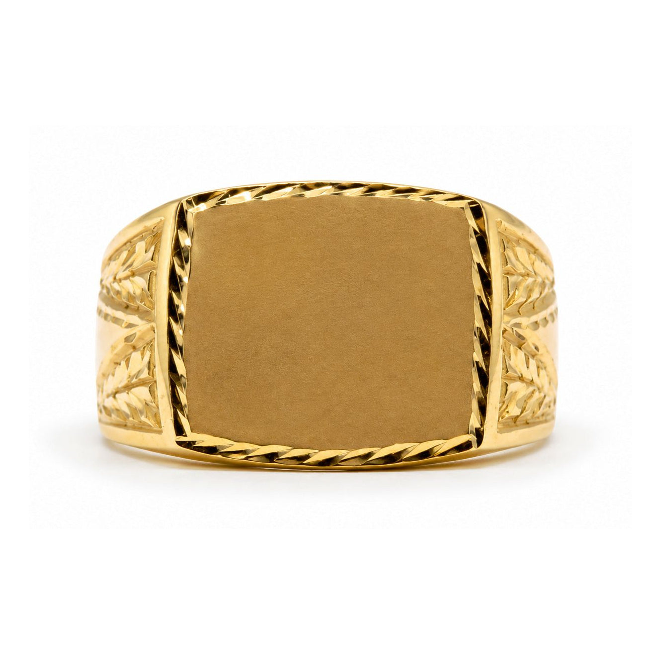 Sello macizo oro 18k rectangular tallado: vista de la cabeza y el diseño del anillo