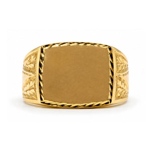 Sello macizo oro 18k rectangular tallado: vista de la cabeza y el diseño del anillo