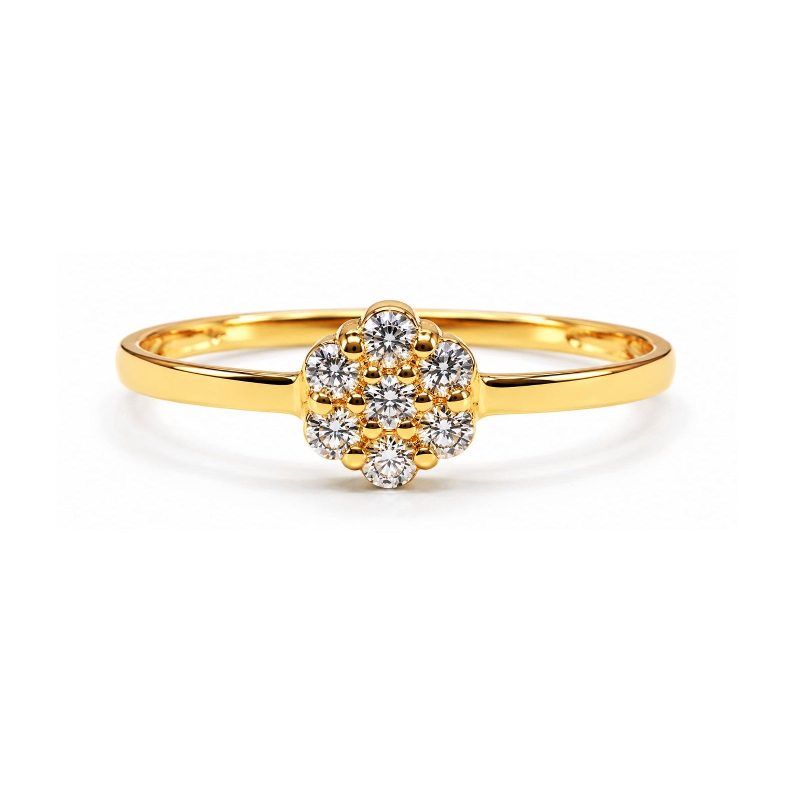 Sortija de oro 18k con rosetón floral de circonitas y brazo liso