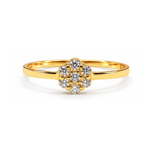 Sortija de oro 18k con rosetón floral de circonitas y brazo liso