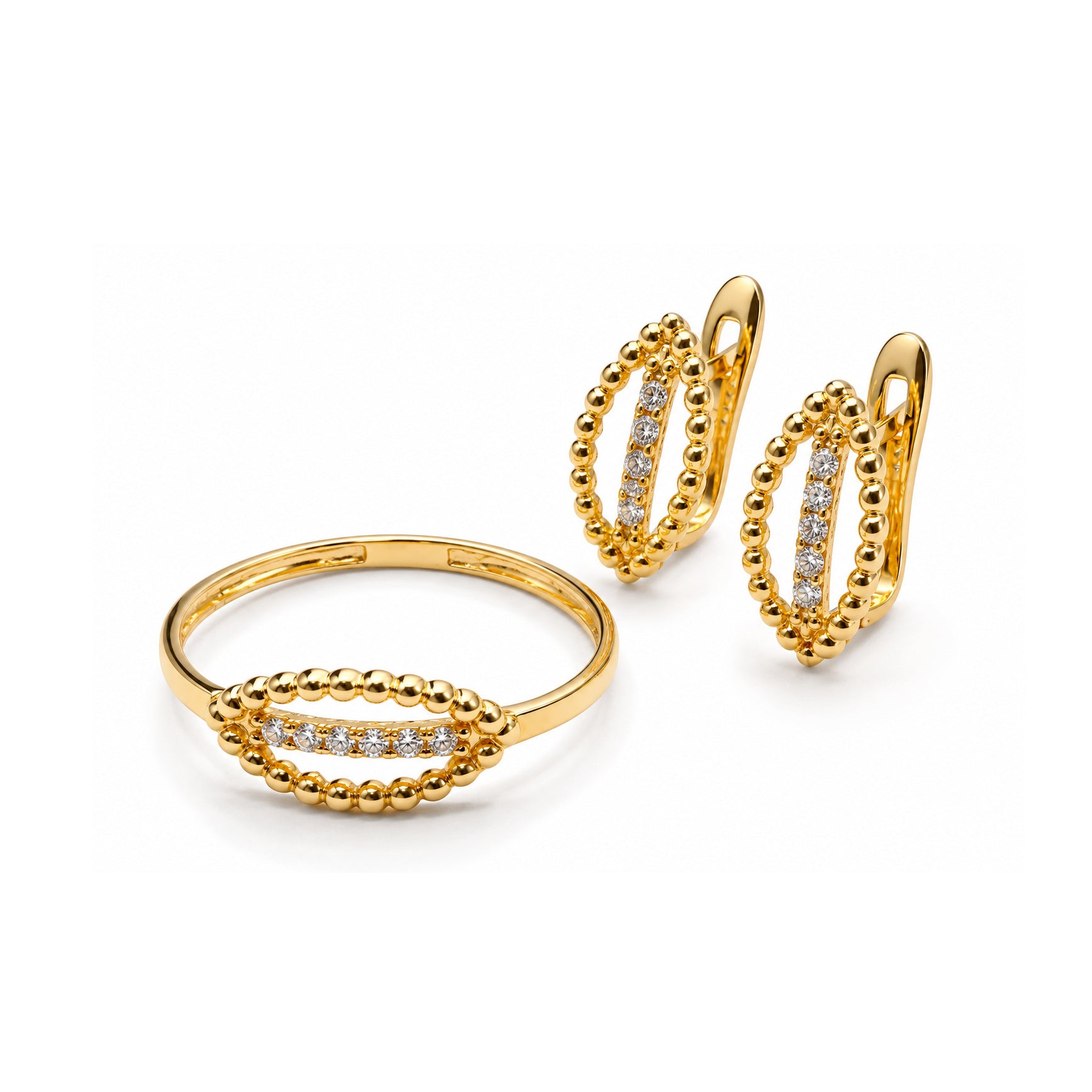 Pendientes y sortija de oro 18k con óvalos calados de bolas y circonitas