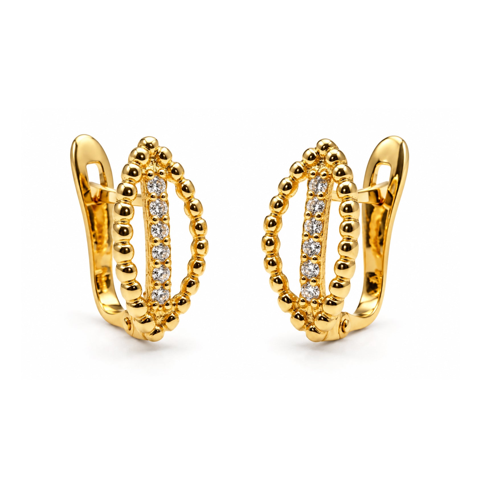 Pendientes ovalados de oro 18k con contorno de bolas y fila de circonitas