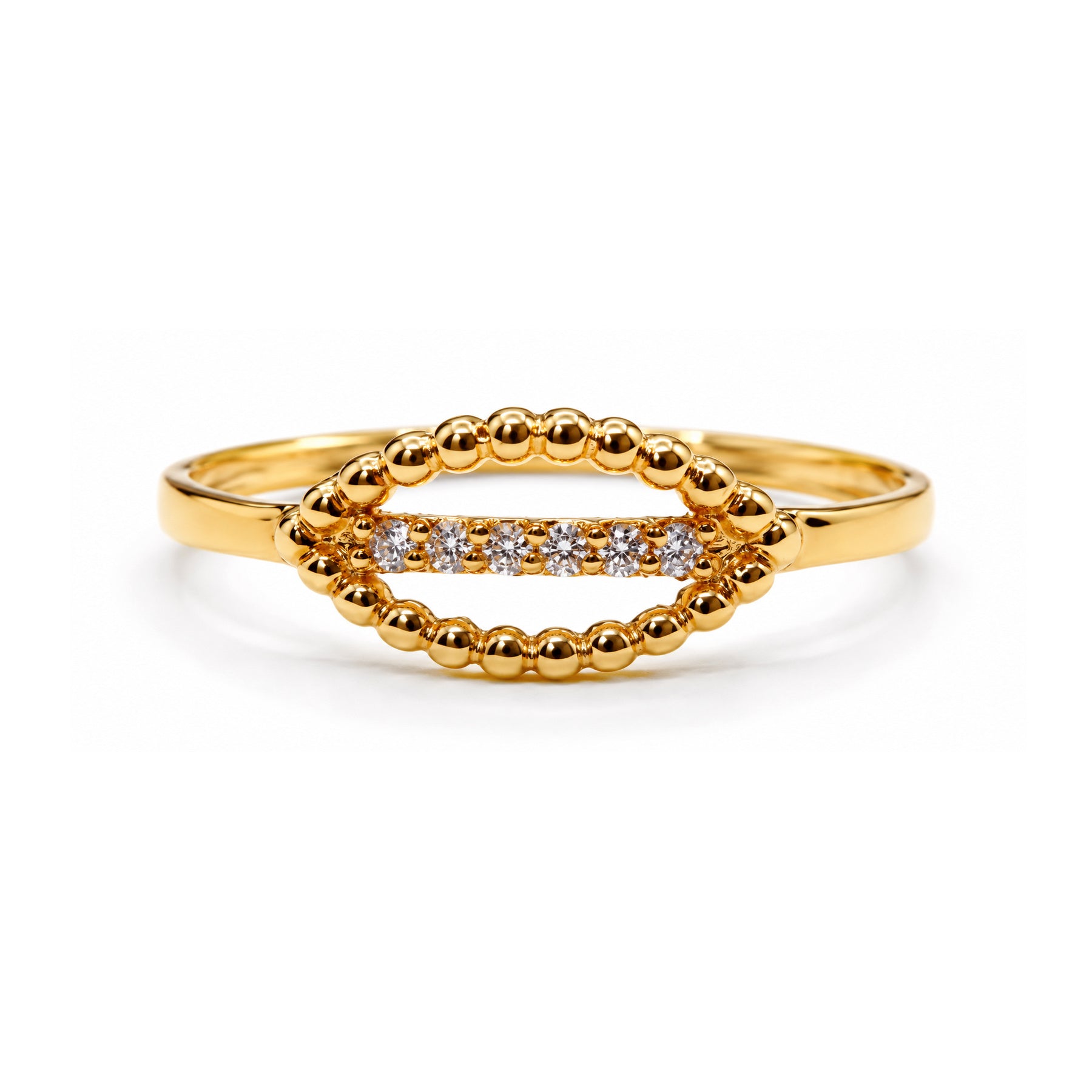 Anillo de oro 18k con óvalo horizontal de bolas y circonitas