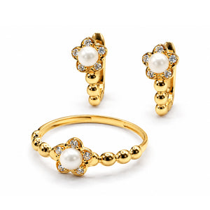 Juego de pendientes y anillo de oro 18k con perlas y flores de circonitas