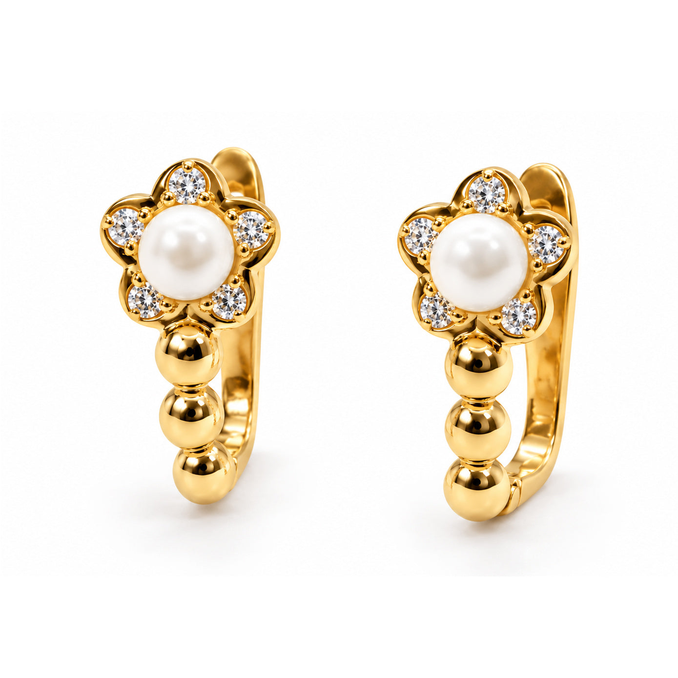 Pendientes florales de oro 18k con perla blanca central y circonitas