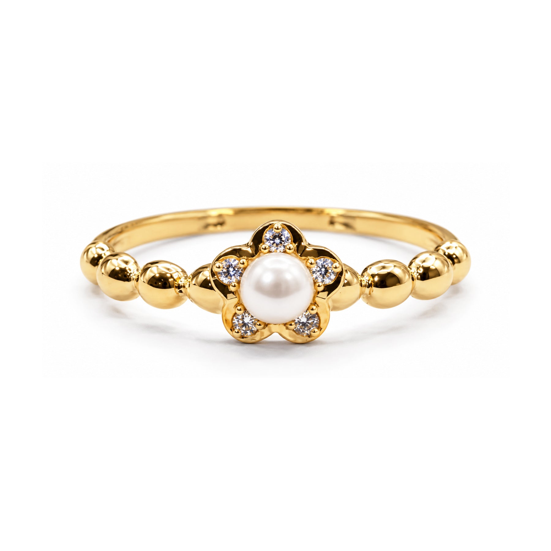 Sortija de oro 18k con perla central rodeada de circonitas