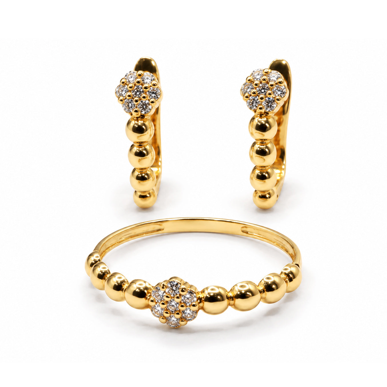 Conjunto de anillo y pendientes de oro 18k con rosetón de circonitas